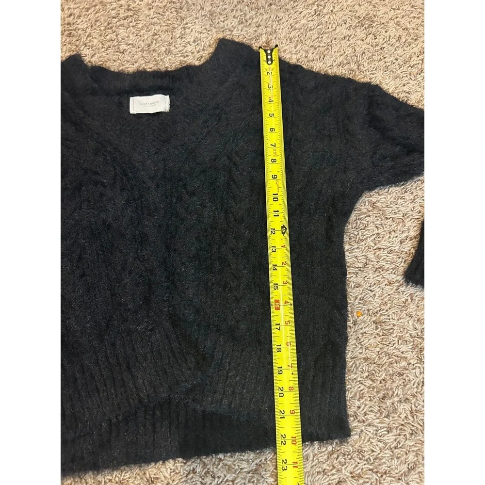 Lucky Brand Womens Black Fuzzy Cable Knit V-Neck Sweater‎ Size S